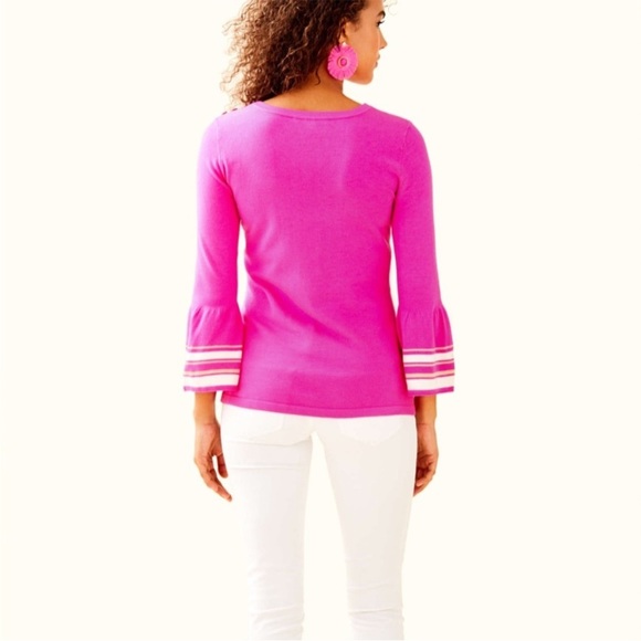 Lilly Pulitzer Callee Sweater Pink Flounce Ruffle Sleeve Gold Buttons Crewneck M - Picture 3 of 13